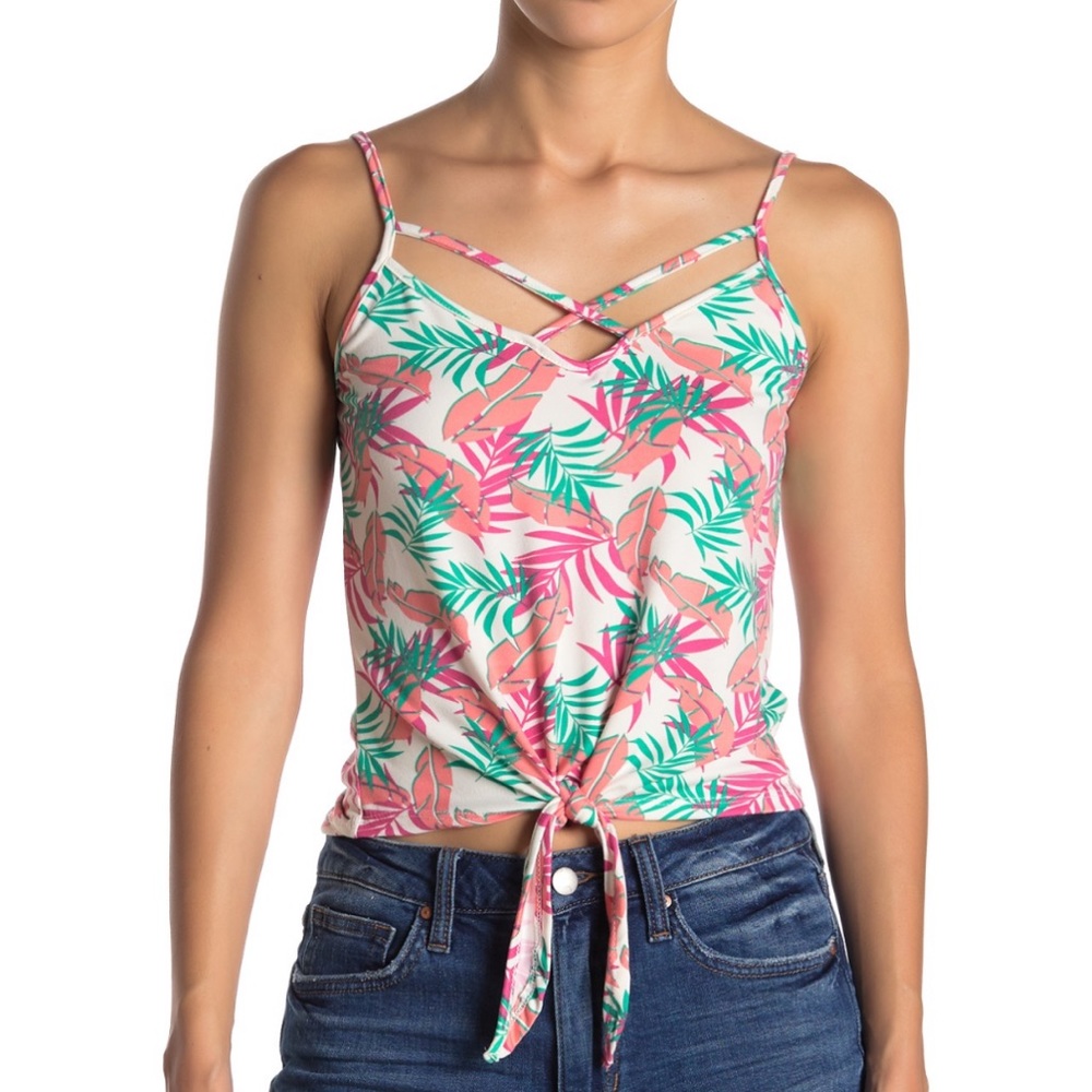 Poof Couture Poof Tropical Print Tie Front Strappy Tank Top L Dusty Rose  NWT